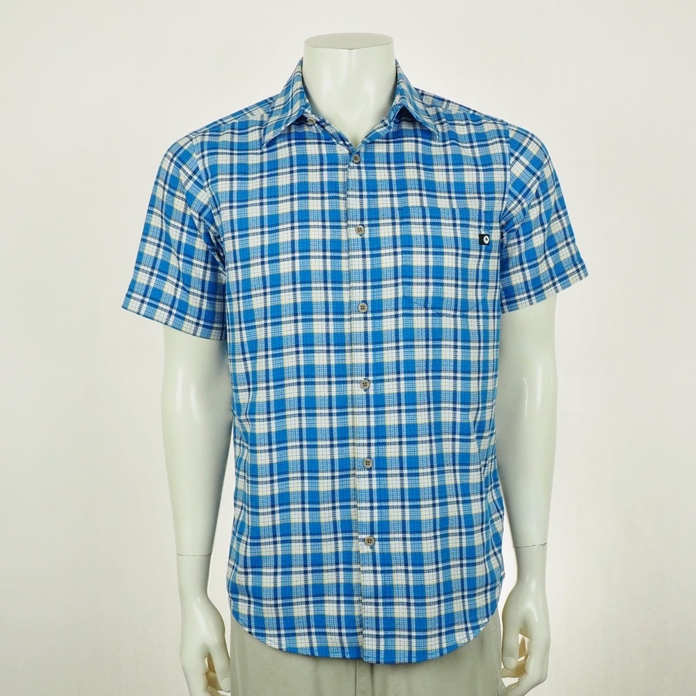Marmot Syrocco Button Down Shirt Mens Small Blue Plaid Utility Camp Hiking Tech